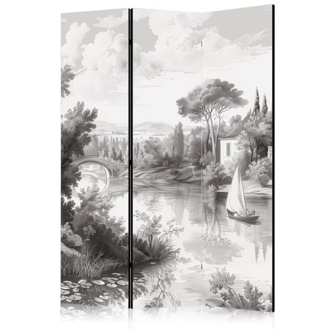 Parawan - Czarno-biały pejzaż vintage - retro widok na staw z łódką 135x172 Akustyczny