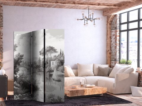 Parawan - Czarno-biały pejzaż vintage - retro widok na staw z łódką 135x172 Akustyczny