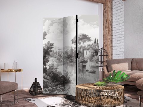 Parawan - Czarno-biały pejzaż vintage - retro widok na staw z łódką 135x172 Akustyczny