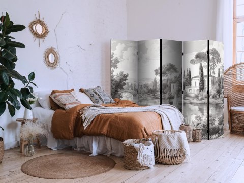 Parawan - Czarno-biały pejzaż vintage - retro widok na staw z łódką 225x172 Jednostronny