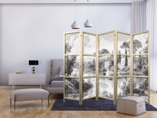 Parawan japoński - Czarno-biały pejzaż vintage - retro widok na staw z łódką 225x172