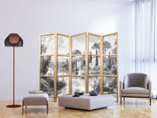 Parawan japoński - Czarno-biały pejzaż vintage - retro widok na staw z łódką 225x172