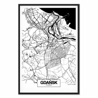 Obraz - Mapa miasta: Gdańsk (1-częściowy) pionowy 40x60 W ramie drewnianej czarnej