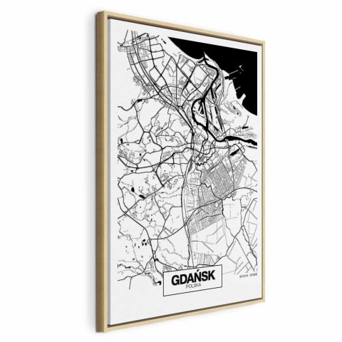 Obraz - Mapa miasta: Gdańsk (1-częściowy) pionowy 60x90 W ramie drewnianej naturalnej
