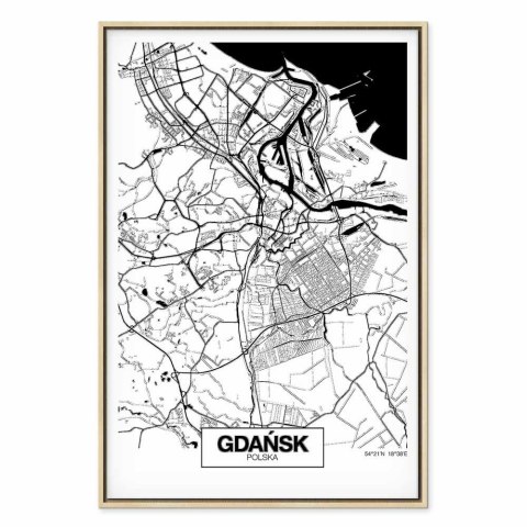 Obraz - Mapa miasta: Gdańsk (1-częściowy) pionowy 60x90 W ramie drewnianej naturalnej