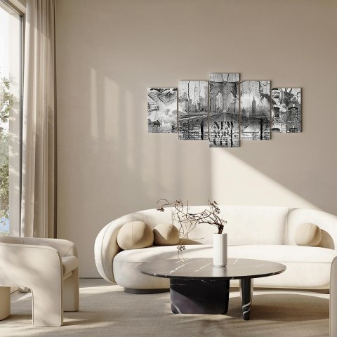 Obraz - New York City Collage (5-częściowy) szeroki czarno-biały 200x100 Standard