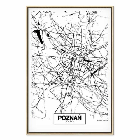 Obraz - Mapa miasta: Poznań (1-częściowy) pionowy 40x60 W ramie drewnianej naturalnej
