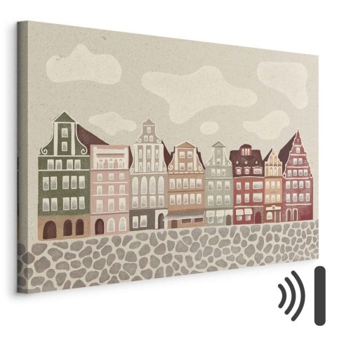 Obraz - Plac Solny - kolorowe ilustrowane kamieniczki na tle nieba z chmurami 30x20 Akustyczny