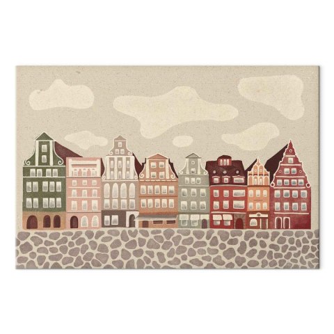 Obraz - Plac Solny - kolorowe ilustrowane kamieniczki na tle nieba z chmurami 60x40 Na płótnie włoskim