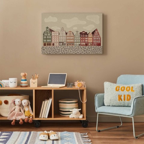 Obraz - Plac Solny - kolorowe ilustrowane kamieniczki na tle nieba z chmurami 60x40 Na płótnie włoskim