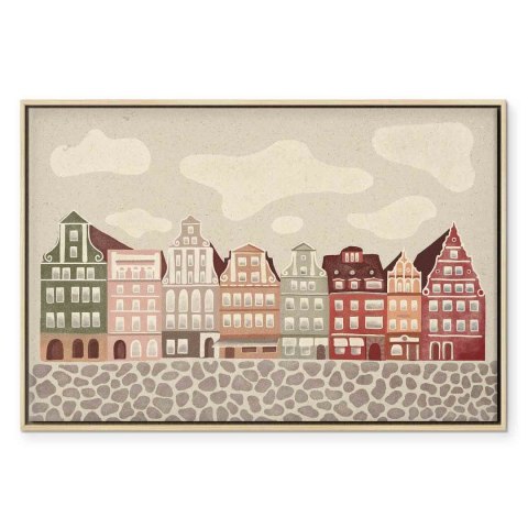 Obraz - Plac Solny - kolorowe ilustrowane kamieniczki na tle nieba z chmurami 60x40 W ramie drewnianej naturalnej