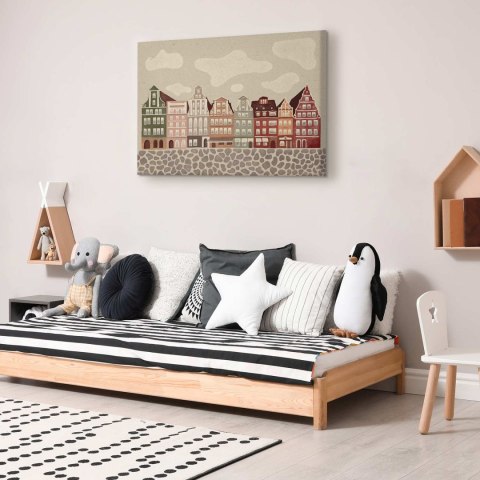 Obraz - Plac Solny - kolorowe ilustrowane kamieniczki na tle nieba z chmurami 90x60 Akustyczny