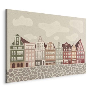 Obraz - Plac Solny - kolorowe ilustrowane kamieniczki na tle nieba z chmurami 90x60 Na płótnie włoskim