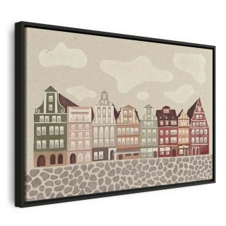 Obraz - Plac Solny - kolorowe ilustrowane kamieniczki na tle nieba z chmurami 90x60 W ramie drewnianej czarnej