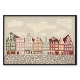 Obraz - Plac Solny - kolorowe ilustrowane kamieniczki na tle nieba z chmurami 90x60 W ramie drewnianej czarnej
