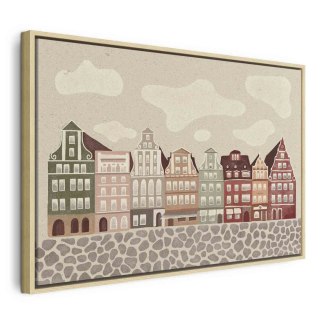 Obraz - Plac Solny - kolorowe ilustrowane kamieniczki na tle nieba z chmurami 90x60 W ramie drewnianej naturalnej