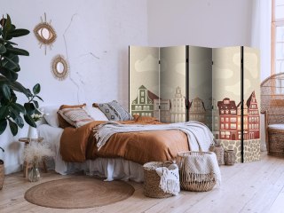 Parawan - Plac Solny - kolorowe ilustrowane kamieniczki na tle nieba z chmurami 225x172 Jednostronny