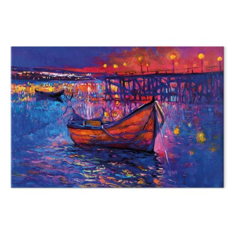 Obraz - Nowoczesny impresjonizm - nocny krajobraz jeziora z pływającą łódką 30x20 Premium Print