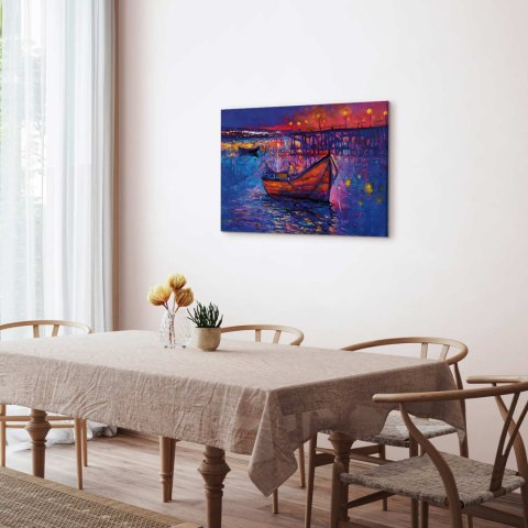 Obraz - Nowoczesny impresjonizm - nocny krajobraz jeziora z pływającą łódką 60x40 Standard