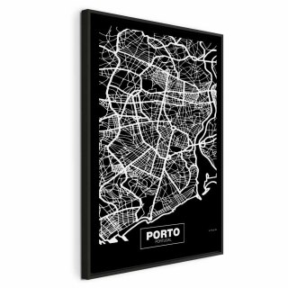 Obraz - Mapa w negatywie: Porto (1-częściowy) pionowy 40x60 W ramie drewnianej czarnej