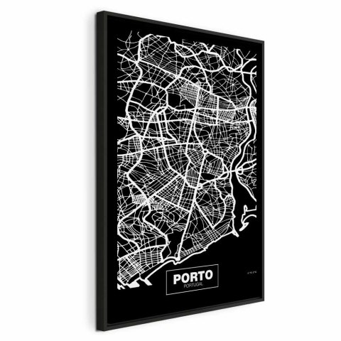 Obraz - Mapa w negatywie: Porto (1-częściowy) pionowy 40x60 W ramie drewnianej czarnej