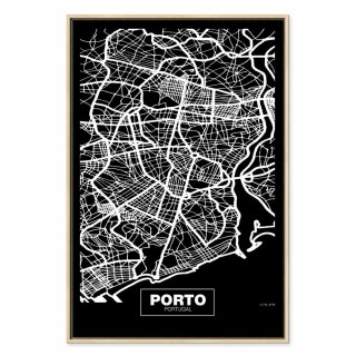 Obraz - Mapa w negatywie: Porto (1-częściowy) pionowy 40x60 W ramie drewnianej naturalnej