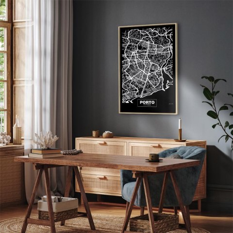 Obraz - Mapa w negatywie: Porto (1-częściowy) pionowy 40x60 W ramie drewnianej naturalnej