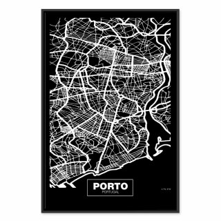 Obraz - Mapa w negatywie: Porto (1-częściowy) pionowy 60x90 W ramie drewnianej czarnej
