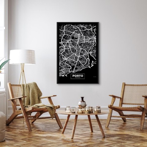 Obraz - Mapa w negatywie: Porto (1-częściowy) pionowy 80x120 W ramie drewnianej czarnej