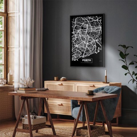 Obraz - Mapa w negatywie: Porto (1-częściowy) pionowy 80x120 W ramie drewnianej czarnej