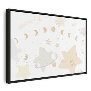 Obraz - Bajeczna galaktyka - Fazy księżyca w odcieniach żółci wśród gwiazdek w barwach beżu i popielu z gwiezdnym pyłem 120x80 W