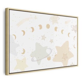 Obraz - Bajeczna galaktyka - Fazy księżyca w odcieniach żółci wśród gwiazdek w barwach beżu i popielu z gwiezdnym pyłem 120x80 W