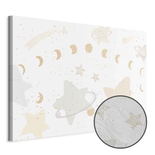 Obraz - Bajeczna galaktyka - Fazy księżyca w odcieniach żółci wśród gwiazdek w barwach beżu i popielu z gwiezdnym pyłem 30x20 Pr