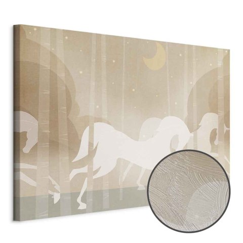 Obraz - Księżycowe rumaki - konie galopujące między drzewami w gwieździstą noc 30x20 Premium Print