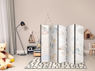 Parawan - Baśniowy księżyc - Księżyc z balonikami wśród chmur i gwiazdek w stonowanych kolorach na jasnym - beżowym tle 225x172 