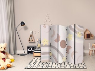 Parawan - Radosne niebo - Żółte wesołe gwiazdki z tęczą na tle faz księżyca - na niebie w kolorystyce jasnego beżu 225x172 Dwust