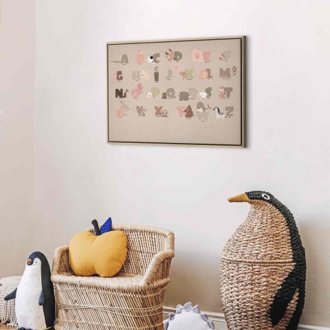 Obraz - Abecadło w zoo - radosne zwierzątka i ich nazwy na beżowym tle 60x40 W ramie drewnianej naturalnej