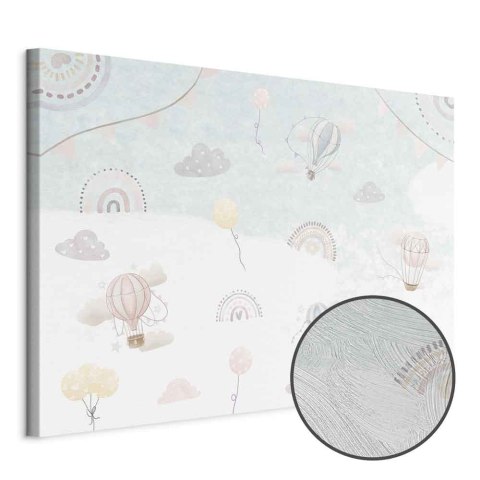 Obraz - Niebo z balonami - Balony w stonowanej kolorystyce latające po niebie wśród chmur tęczy i gwiazd 30x20 Premium Print