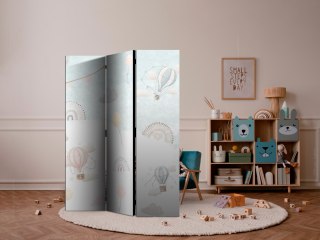 Parawan - Balony na niebie - Balony w pastelowych barwach latające po zachmurzonym niebie - wśród tęczy i gwiazd 135x172 Akustyc
