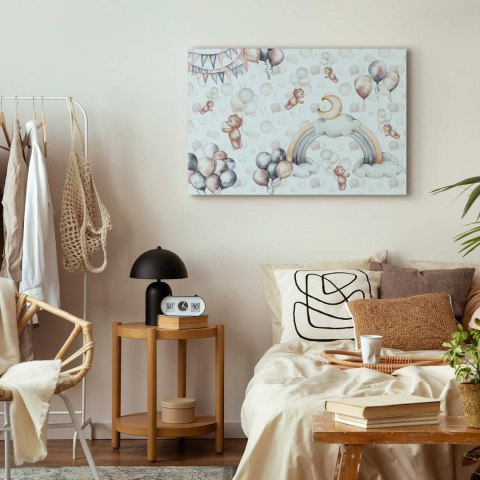 Obraz - Zabawkowe misie z balonikami - Latające pluszowe misie pośród balonów chmur i tęczy w subtelnej pastelowej kolorystyce 6