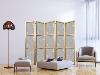 Parawan japoński - Kosmiczne Fajerwerki - elegancki wzór z księżycami i gwiazdami na szarym tle 225x172