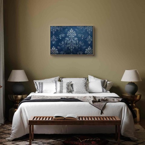 Obraz - Ornament retro dekoracyjny motyw w przetartych błękitach 90x60 W ramie drewnianej naturalnej