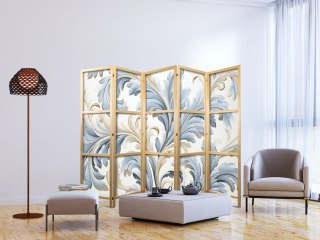 Parawan japoński - Barokowe ornamenty w jasnej - kremowo-niebieskiej kolorystyce 225x172