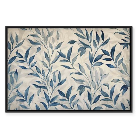 Obraz - Liście w niebieskich kolorach delikatny motyw botaniczny 120x80 W ramie drewnianej czarnej