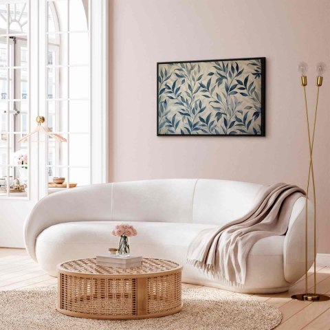 Obraz - Liście w niebieskich kolorach delikatny motyw botaniczny 120x80 W ramie drewnianej czarnej