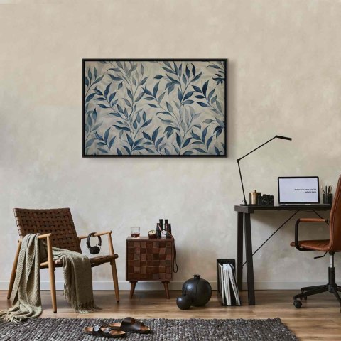 Obraz - Liście w niebieskich kolorach delikatny motyw botaniczny 120x80 W ramie drewnianej czarnej
