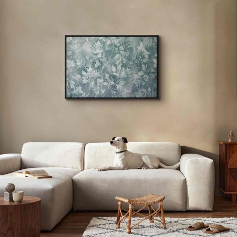 Obraz - Ornamenty w przetartych zgaszonych turkusach: delikatny wzór roślinny 60x40 W ramie drewnianej czarnej