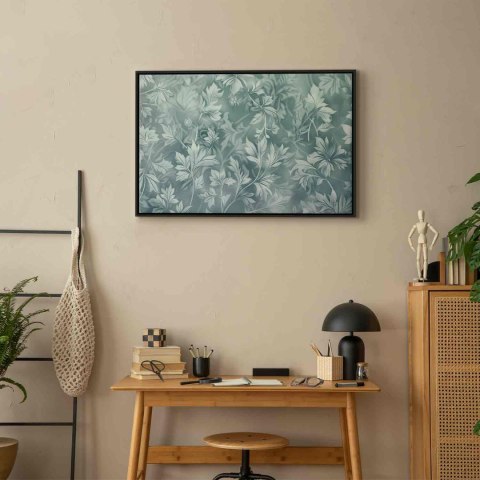 Obraz - Ornamenty w przetartych zgaszonych turkusach: delikatny wzór roślinny 60x40 W ramie drewnianej czarnej