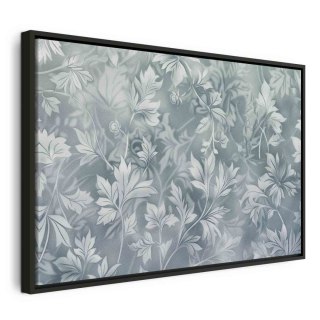 Obraz - Ornamenty w przetartych zgaszonych turkusach: delikatny wzór roślinny 90x60 W ramie drewnianej czarnej