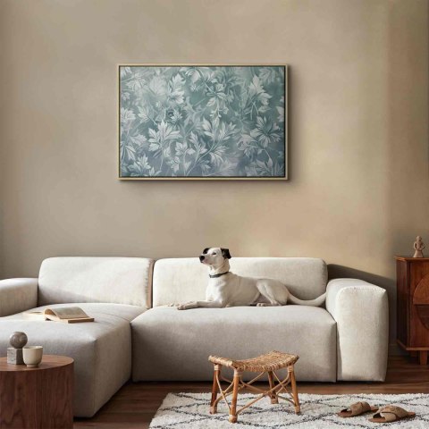 Obraz - Ornamenty w przetartych zgaszonych turkusach: delikatny wzór roślinny 90x60 W ramie drewnianej naturalnej